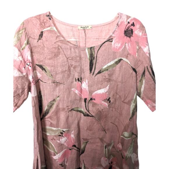 Alessia Pacini Linen Dress Pink Floral Pattern Asymmetrical Hem Size M  Pockets - Picture 4 of 10